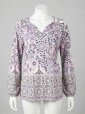 NWT Style & Co Boho Medallion Peplum V Neck Long Sleeve Tunic Blouse Purple Sz L